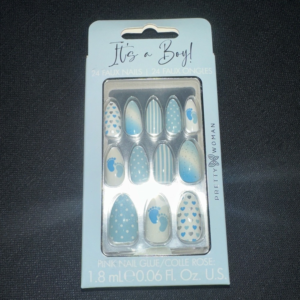 24 Faux Nails, It's A Boy, Pretty Woman, Press On Glue Included. NEW